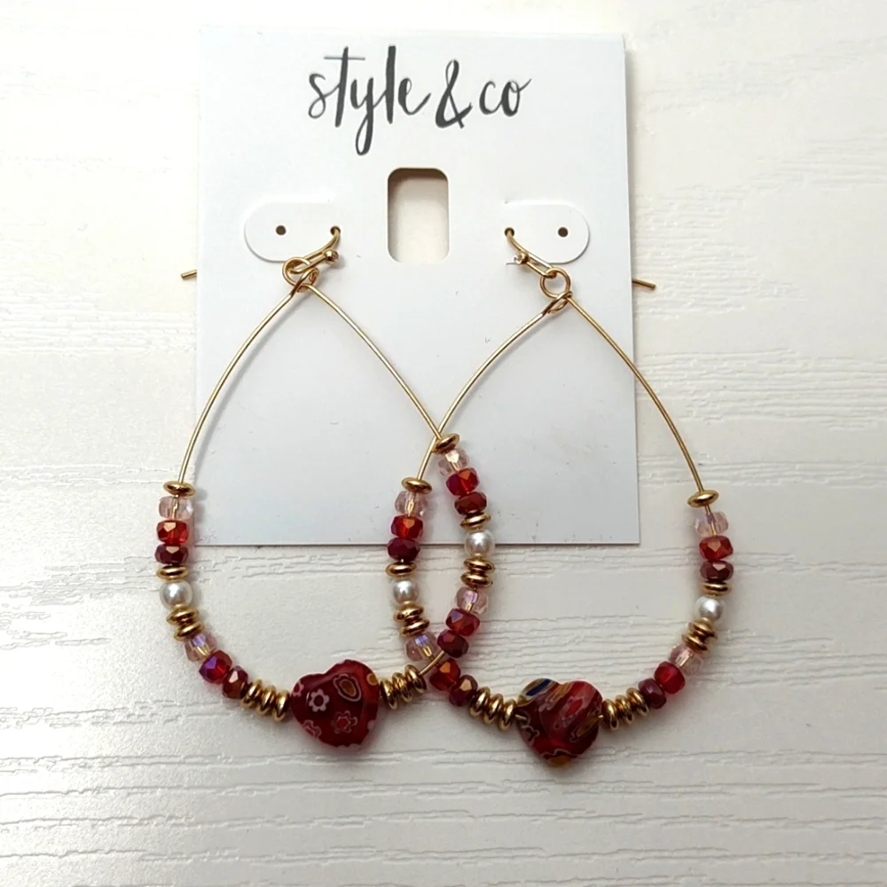 STYLE & CO Gold tone Beaded Heart Drop Earrings - Picture 7 of 9